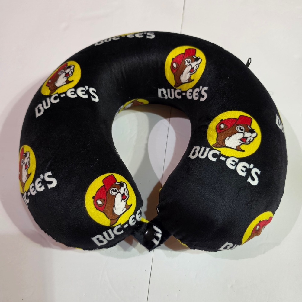 Buc-ee's Beaver Logo Travel Neck Pillow Black Plush Snap Closure Texas Souvenir